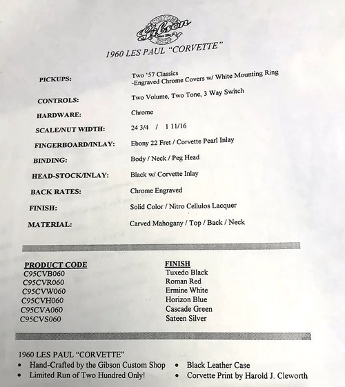 Gibson 1960 Les Paul Corvette Specs